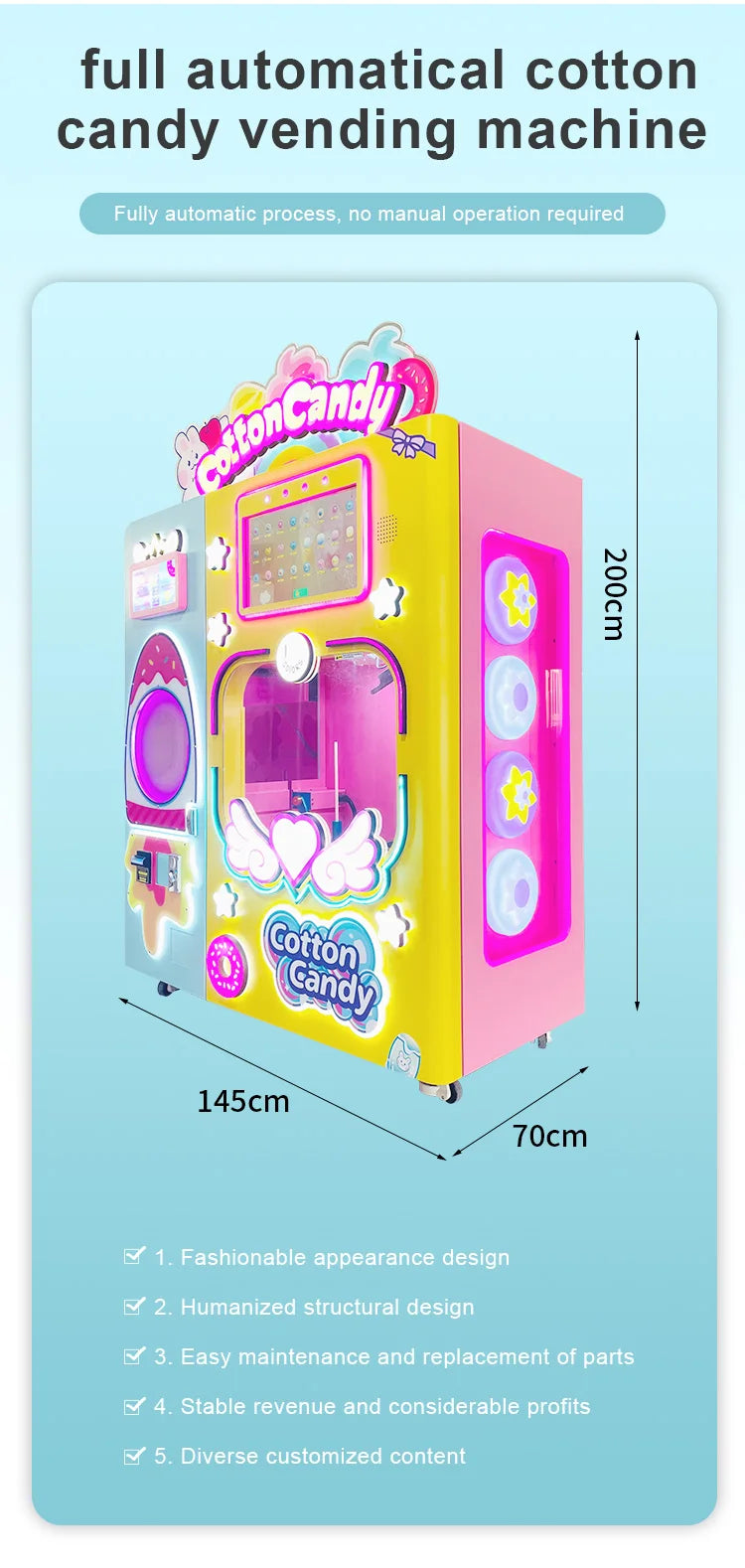 Customized Commercial Cotton Candy Vending Machine Full Automatic High Efficiency Mall Park Hot Selling Business Unit