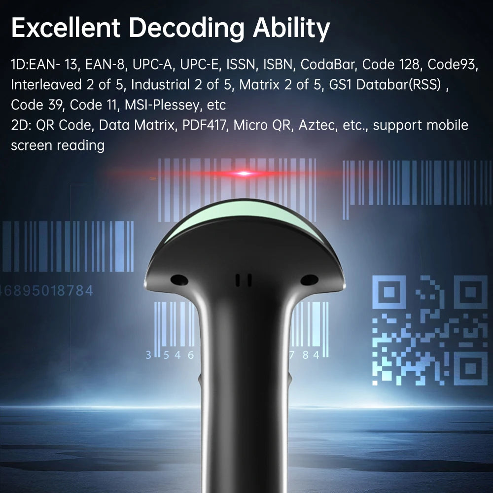 【New】Wireless 2D 1D Barcode Scanner BT+2.4G+USB Wired High Speed Scanning with Pedestal Wireless Charging Stand and OLED Display