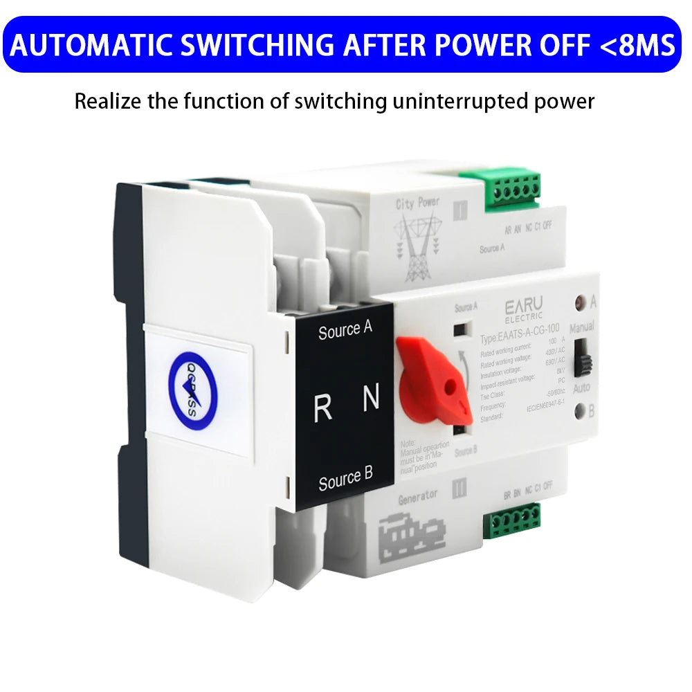 Dual Power Automatic Transfer Switch ATS 2P 4P 100A. AC 220V 110V Millisecond Switching for Solar Generator Uninterrupted