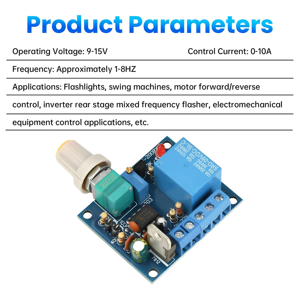 10A  Adjustable Frequency Switch Relay Module High Current Strobe Controller For Motor Forward Reverse and Flasher Applications