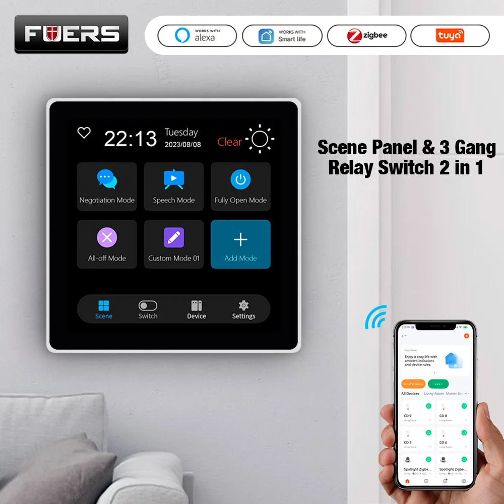 FUERS Smart Wall Switch 4 Inch Touch Screen Multi-functional T3E Switch Scene Panel Intelligent Home Touch Screen Zigbee