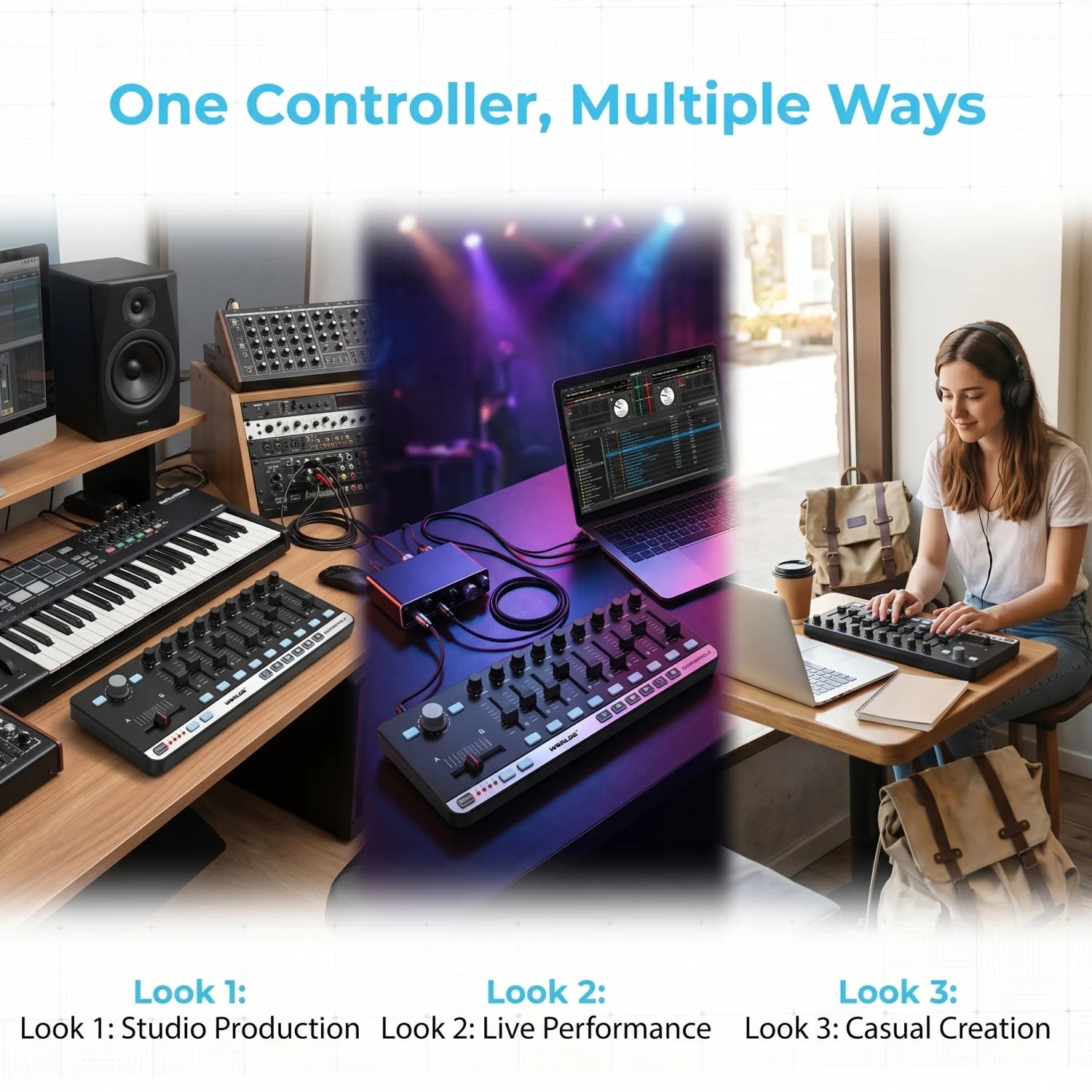 Worlde EasyControl.9 MIDI Controller – 9 Assignable Knobs/Sliders/Buttons, 6 Transport Controls, Plug & Play, No Driver Needed
