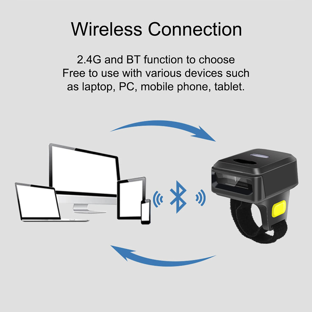 Barcode Scanner Portable Finger Handheld Wearable Ring Bar Reader BT+2.4G Wireless and Wired Connection with Offline Storage
