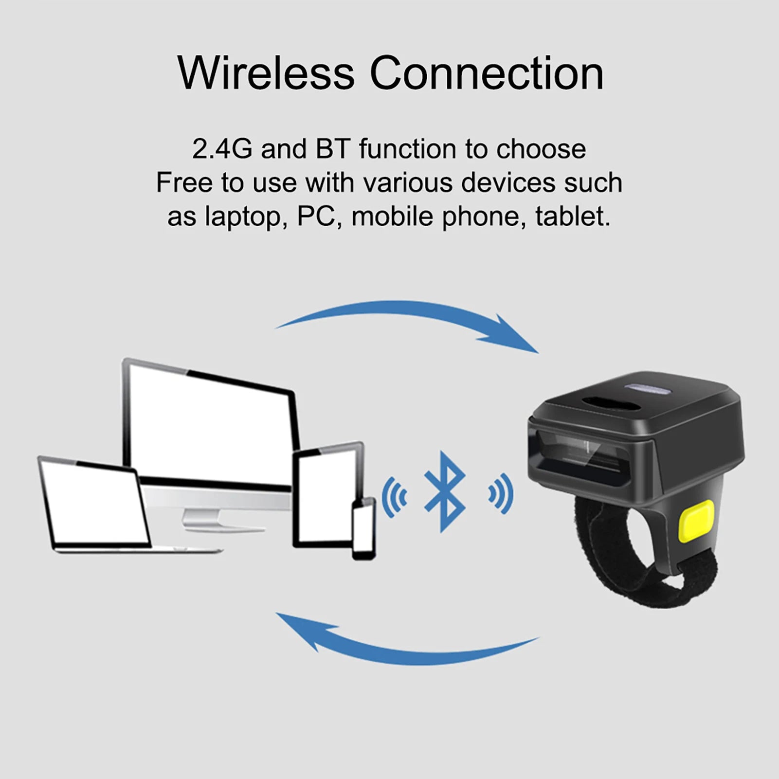 Barcode Scanner Portable Finger Handheld Wearable Ring Bar Reader BT+2.4G Wireless and Wired Connection with Offline Storage