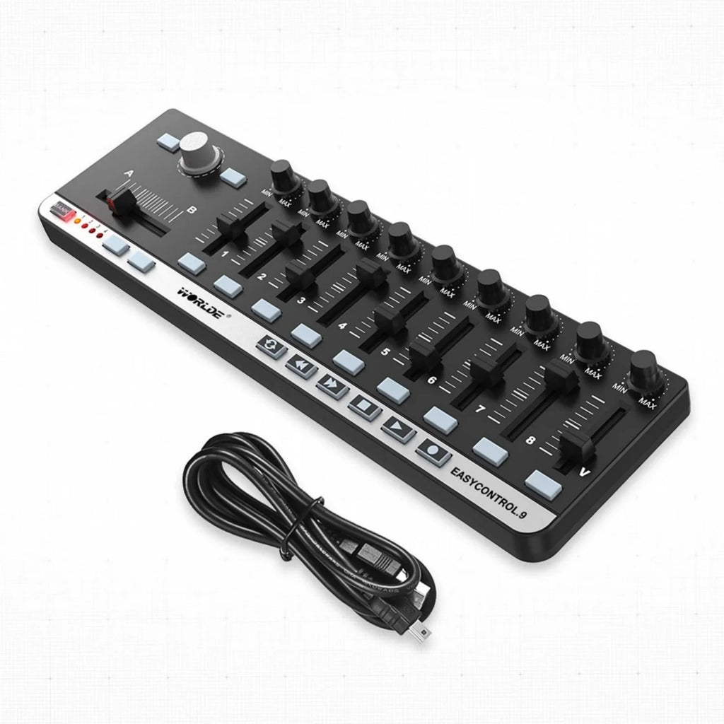 Worlde EasyControl.9 MIDI Controller – 9 Assignable Knobs/Sliders/Buttons, 6 Transport Controls, Plug & Play, No Driver Needed