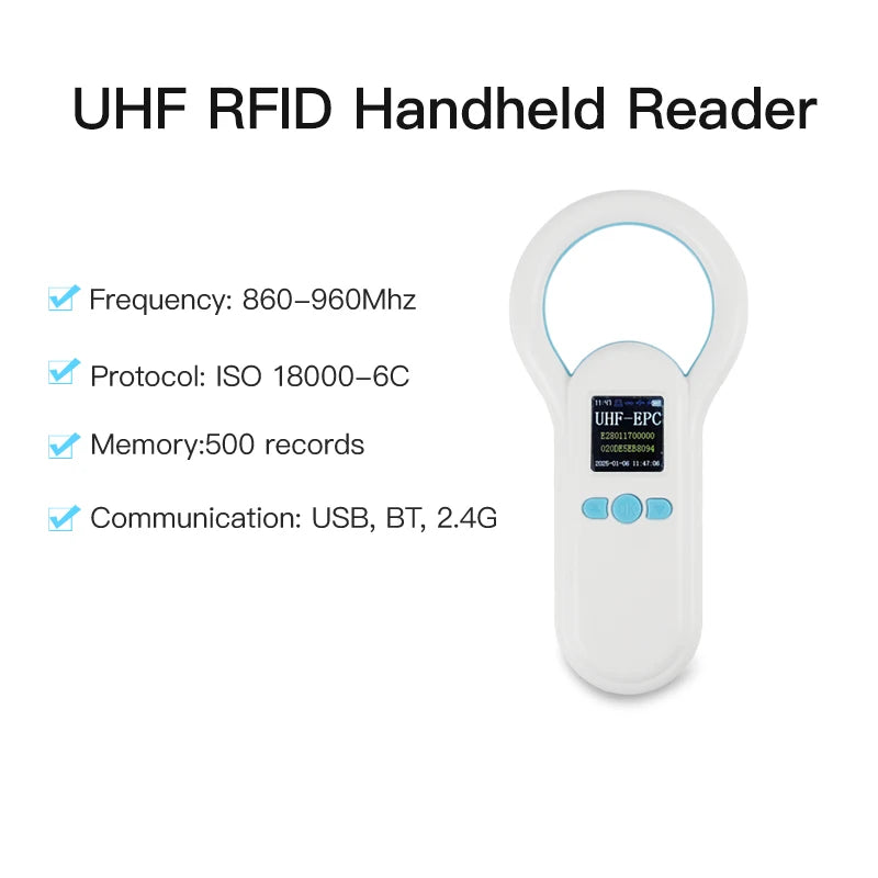 UHF Handheld Reader Portable 2.4G USB BT Output UHF RFID Tag Scanner Supports Android Windows