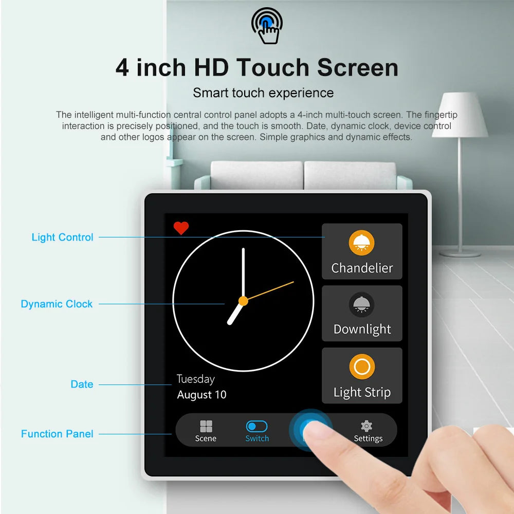 FUERS Smart Wall Switch 4 Inch Touch Screen Multi-functional T3E Switch Scene Panel Intelligent Home Touch Screen Zigbee
