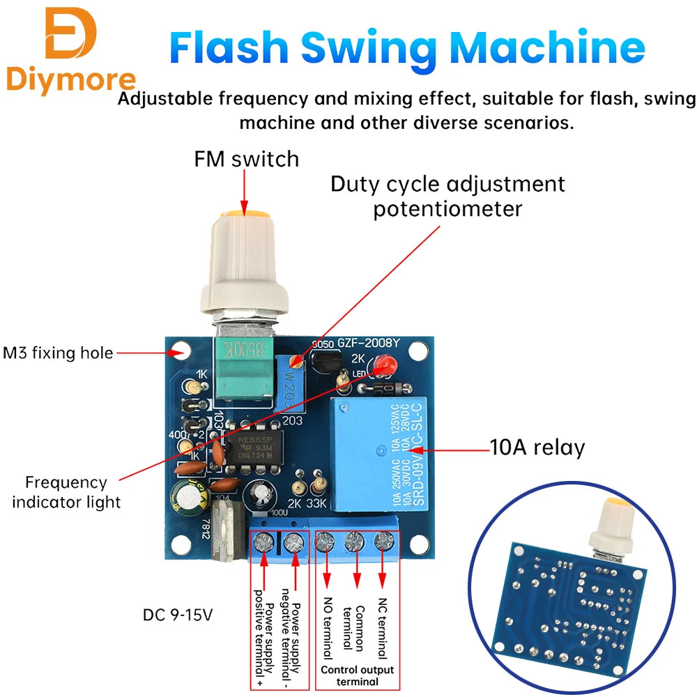 10A  Adjustable Frequency Switch Relay Module High Current Strobe Controller For Motor Forward Reverse and Flasher Applications
