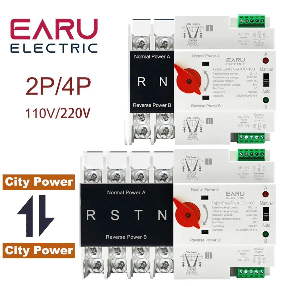 Dual Power Automatic Transfer Switch ATS 2P 4P 100A. AC 220V 110V Millisecond Switching for Solar Generator Uninterrupted