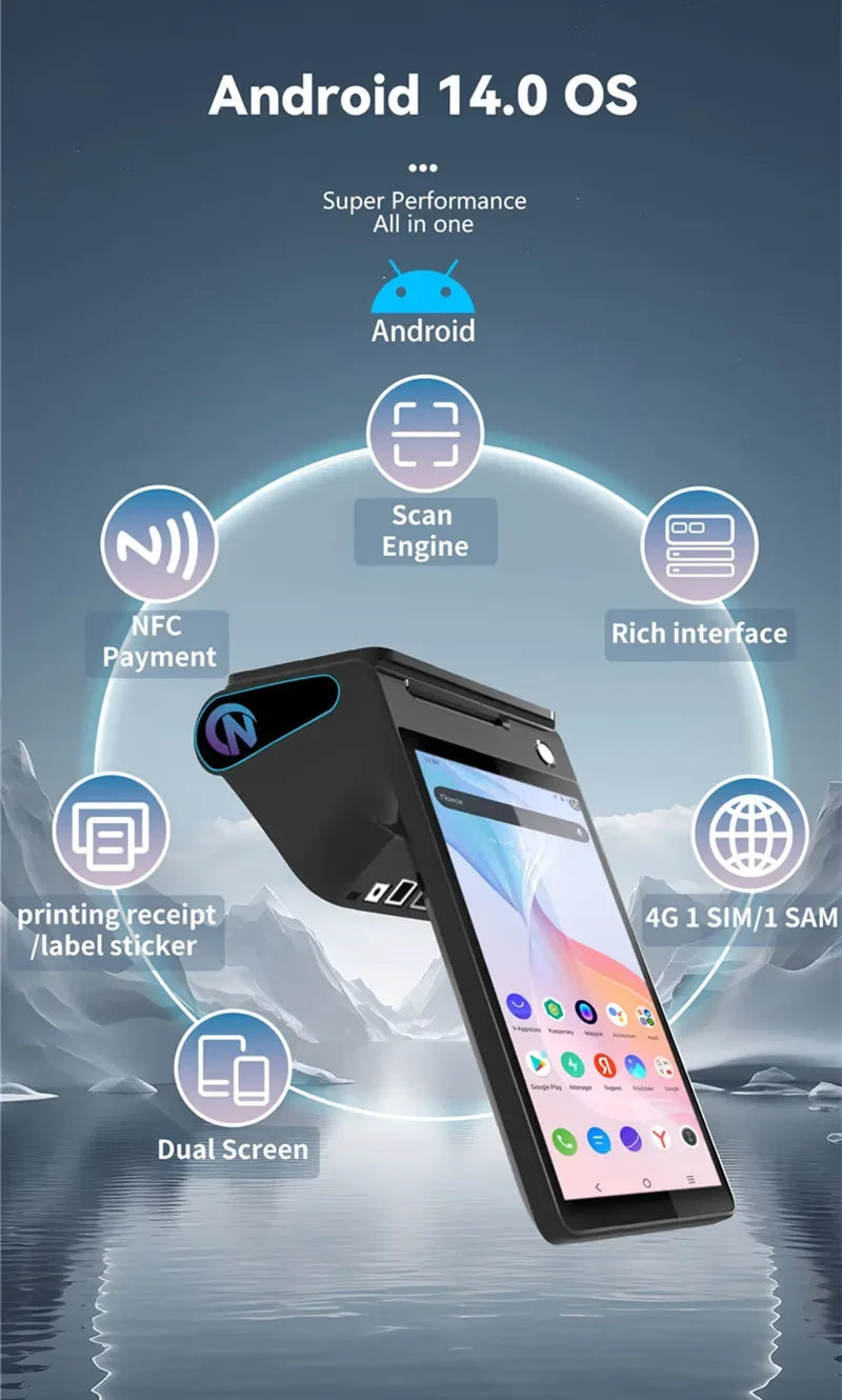 Z108 Android 14 Dual Screen POS Terminal Sales Point Cash Register with 8-inch Touch Screen NFC Scanner 58/80mm Thermal Printer
