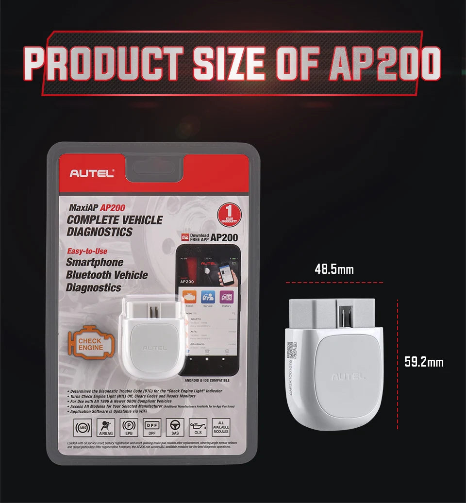 Autel AP200 Bluetooth OBD2 Scanner MaxiAP Code Reader with Full System VIN TPMS IMMO Service Car Diagnostic Tool for IOS Android