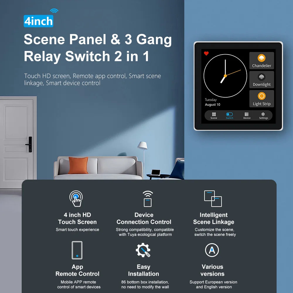 FUERS Smart Wall Switch 4 Inch Touch Screen Multi-functional T3E Switch Scene Panel Intelligent Home Touch Screen Zigbee
