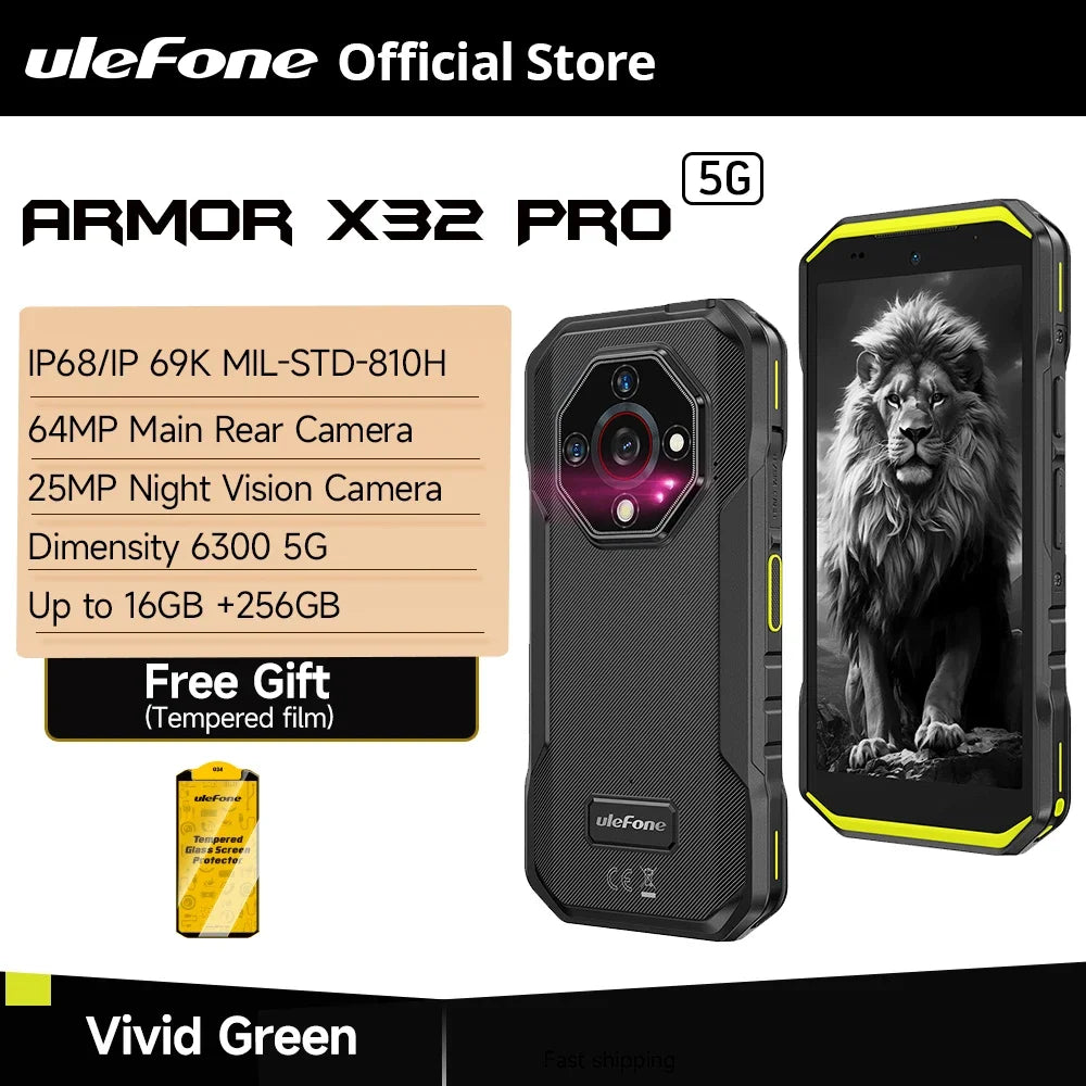 Ulefone Armor X32 Pro 5G Rugged Phone Android 14 16GB+256GB Dimensity 6300 Octa Core 64MP Camera NFC IP68/IP69K Waterproof