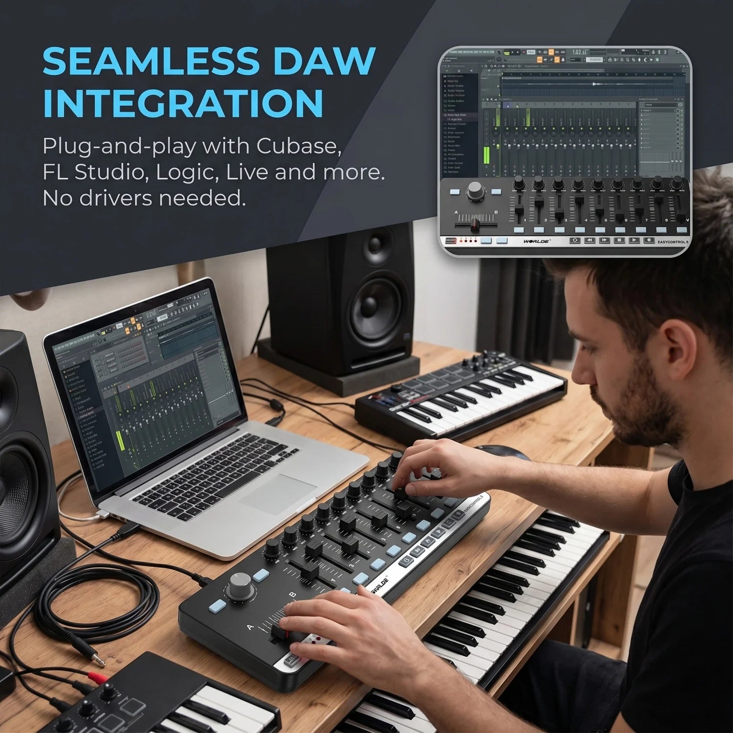 Worlde EasyControl.9 MIDI Controller – 9 Assignable Knobs/Sliders/Buttons, 6 Transport Controls, Plug & Play, No Driver Needed