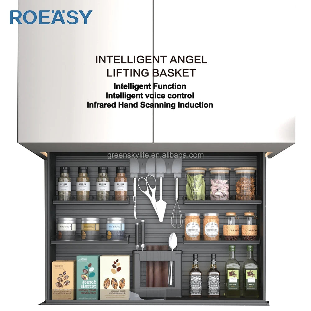 ROEASY Smart Cabinet No Touch Lift Basket Intelligent Smart Furniture Kitchen Cabinet Hardware Full Aluminium Kitchen Storage