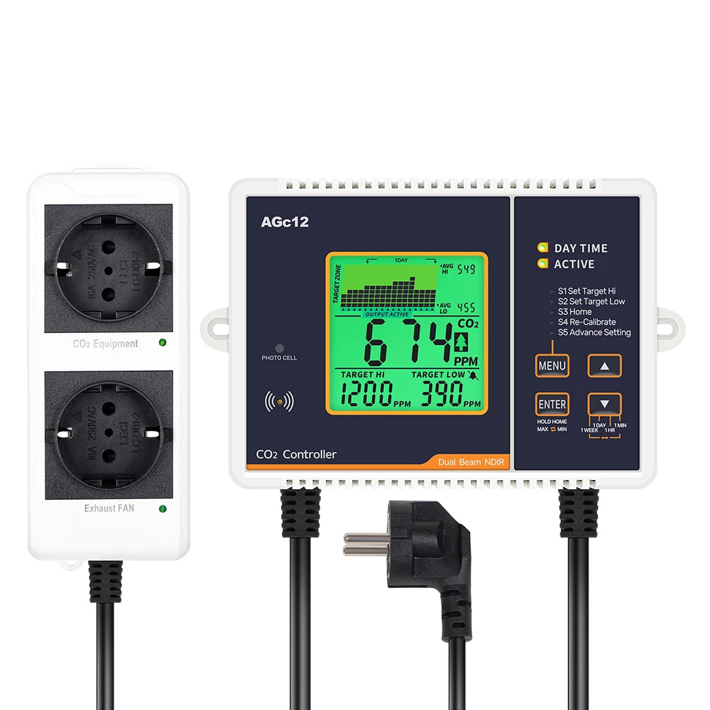 AGc12 CO2 Carbon Dioxide Controller Dual Channel Automatic Greenhouse Plants CO2 Concentration Control Pressure Regulator US EU