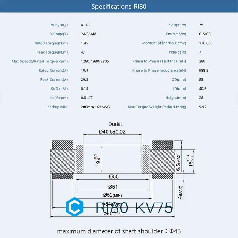 CubeMars RI80 V2.0 KV75 Frameless BLDC Torque Motor 4.1Nm Peak for Humanoid Robot Exoskeleton Cobot Joint High Precision 12-48V