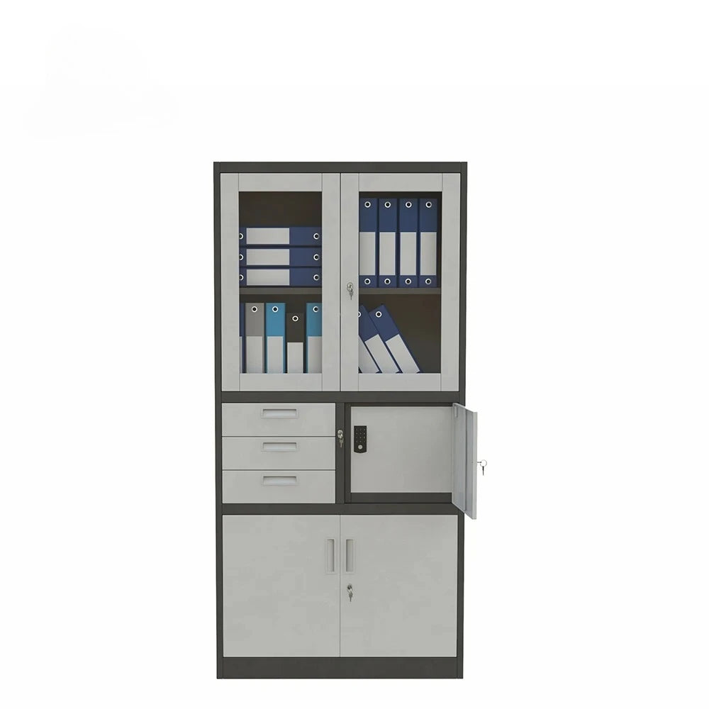 Modern office cabinet; all-steel filing cabinet with double glass doors; ideal for document storage in a home office