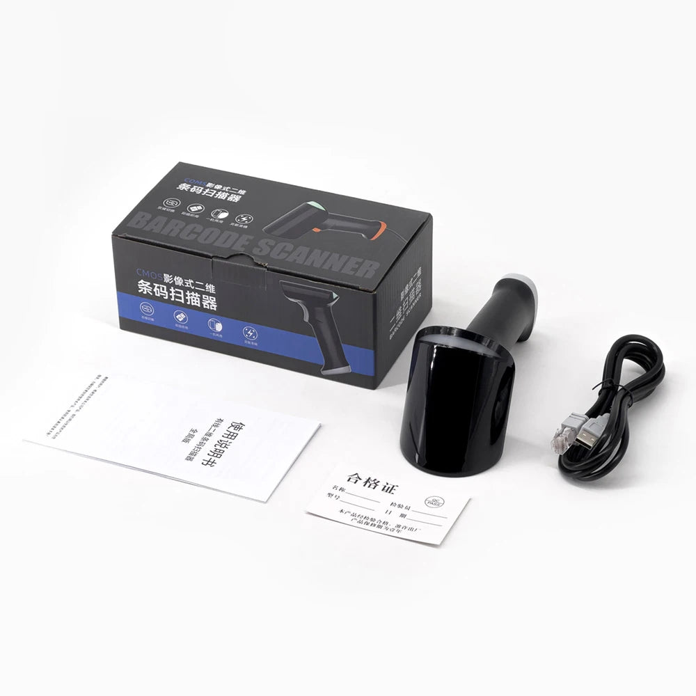 【New】Wireless 2D 1D Barcode Scanner BT+2.4G+USB Wired High Speed Scanning with Pedestal Wireless Charging Stand and OLED Display